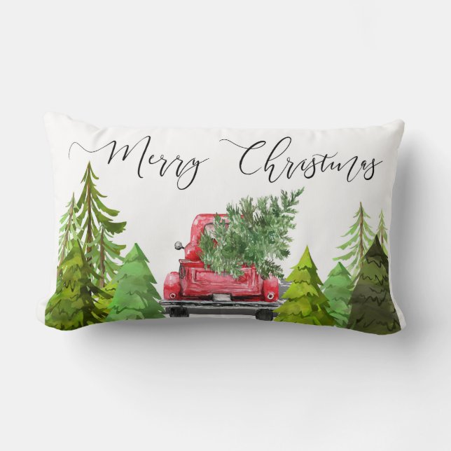 WEIHNACHTSbauernhaus-ROTES LKW-AKZENT-KISSEN Lendenkissen (Vorderseite)