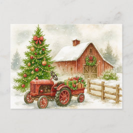 Weihnachtsbauernhof Morgen Roter Traktor Scheune P Feiertagspostkarte