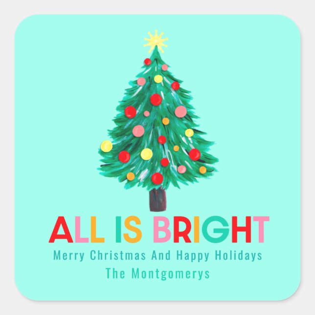 Weihnachtsbaum "Alles ist hell" Handgezeichnet Quadratischer Aufkleber (Vorderseite)