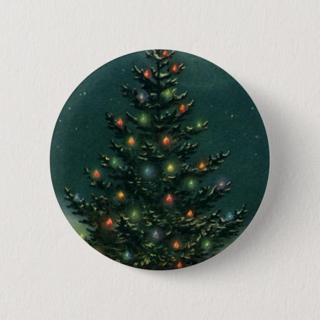 Weihnachtsbaum am Abend mit Lichtern Button (Vorderseite)