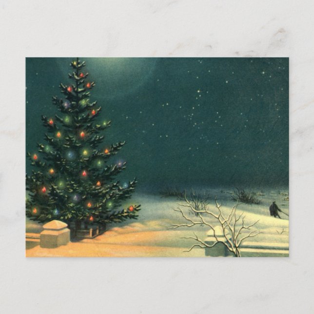 Weihnachtsbaum am Abend mit Lichtern Feiertagspostkarte (Vorderseite)