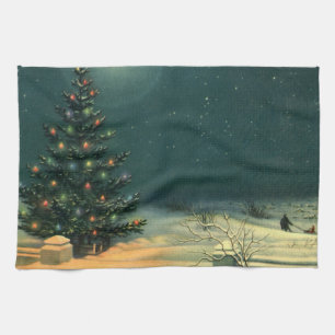 Weihnachtsbaum am Abend mit Lichtern Geschirrtuch