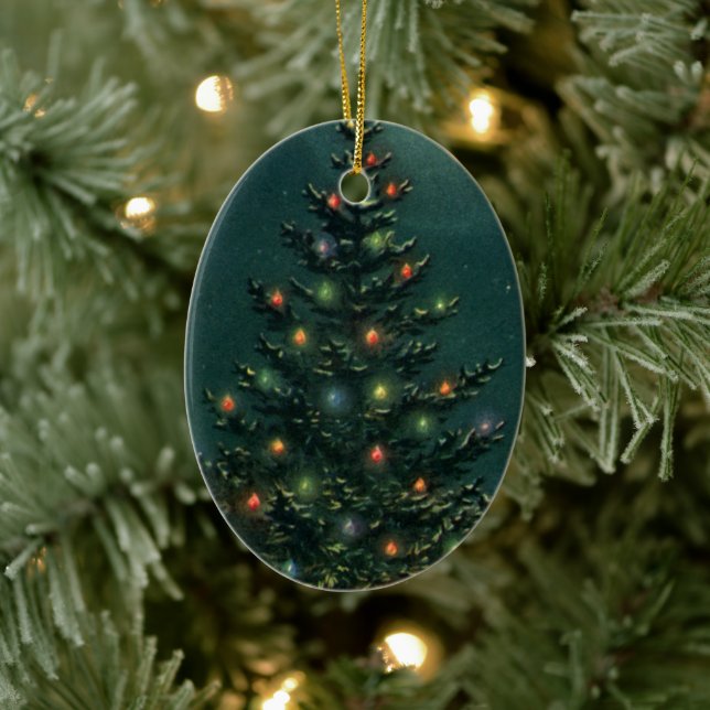 Weihnachtsbaum am Abend mit Lichtern Keramik Ornament (Baum)