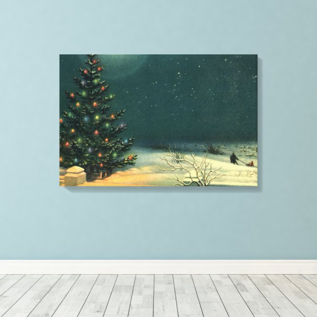 Weihnachtsbaum am Abend mit Lichtern Leinwanddruck (Insitu (Holzboden))