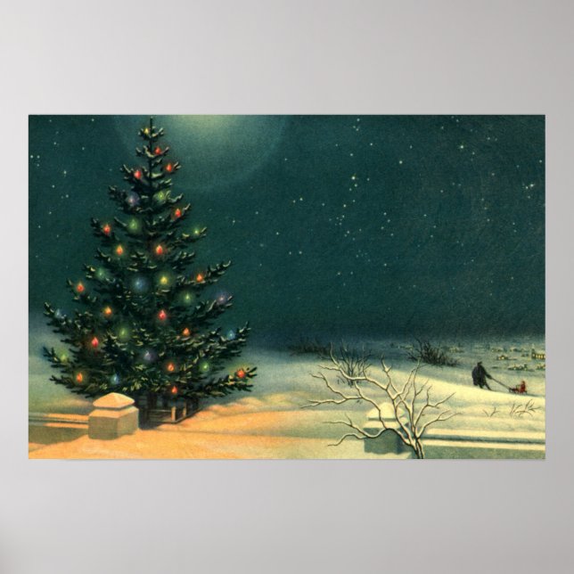 Weihnachtsbaum am Abend mit Lichtern Poster (Vorne)
