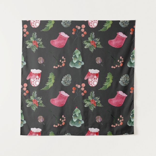 Weihnachtsbaum: Aquarellfarbenes nahtloses Muster Wandteppich (Vorderseite)