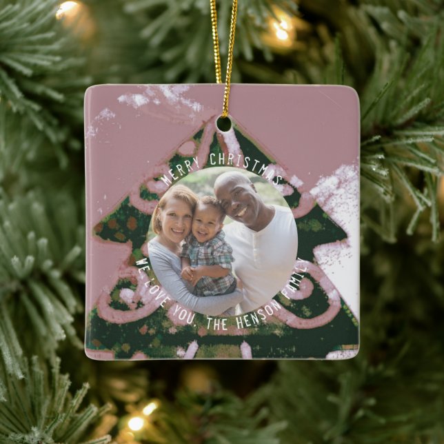 Weihnachtsbaum Artistic Green Pink Family Foto Keramikornament (Baum)