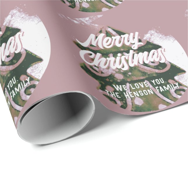 Weihnachtsbaum Artistic Green Pink Merry Script Geschenkpapier (Rolleneckpunkt)