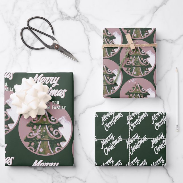 Weihnachtsbaum Artistic Green Pink Merry Script Geschenkpapier Set (Vorderseite)