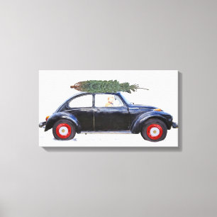 Weihnachtsbaum auf Auto mit Retriever Leinwanddruck