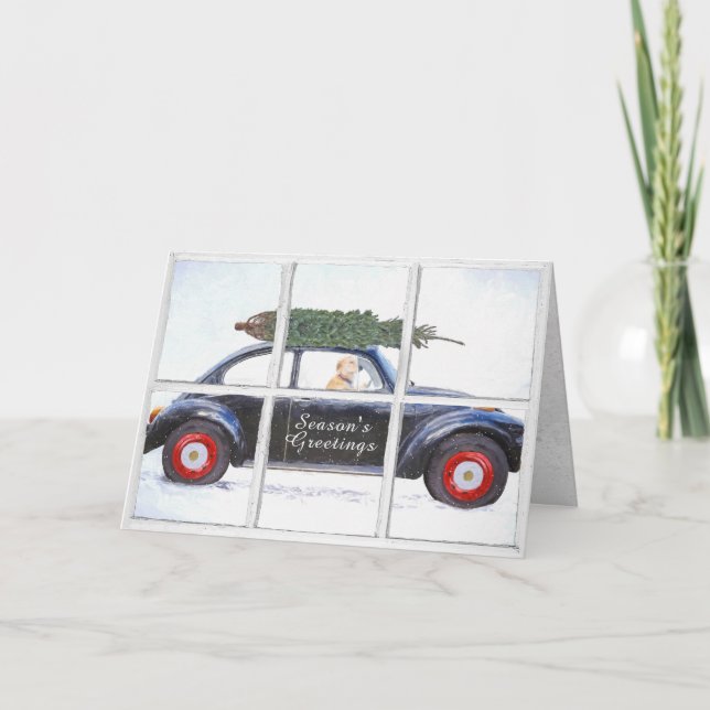 Weihnachtsbaum auf dem Auto mit Hund im Schneefens Karte (Vorderseite)