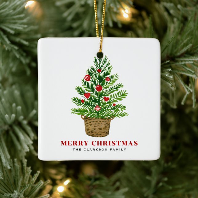 Weihnachtsbaum auf einem Wicker Korb Frohe Weihnac Keramikornament (Baum)