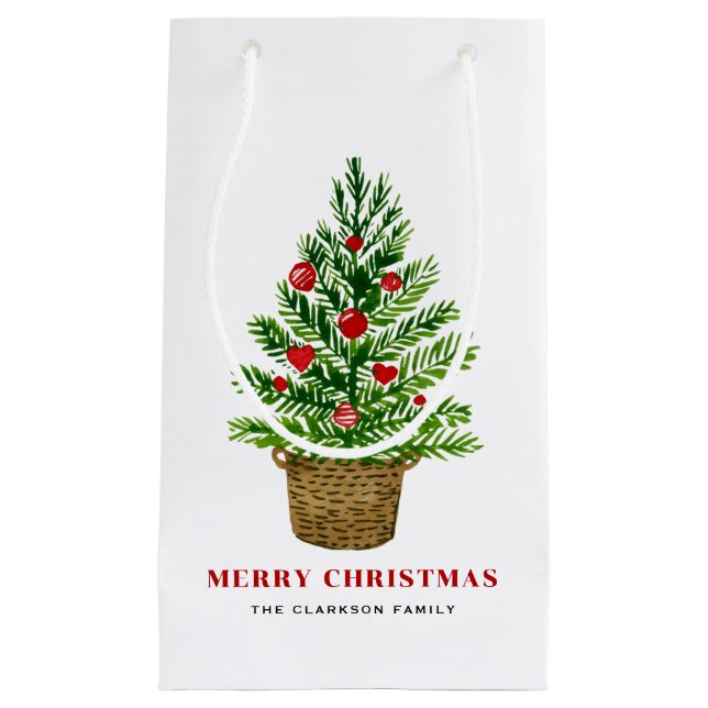Weihnachtsbaum auf einem Wicker Korb Frohe Weihnac Kleine Geschenktüte (Vorderseite)