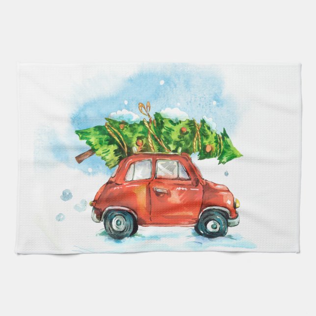 Weihnachtsbaum auf rotem Auto ikonisches Retro-Ger Geschirrtuch (Horizontal)