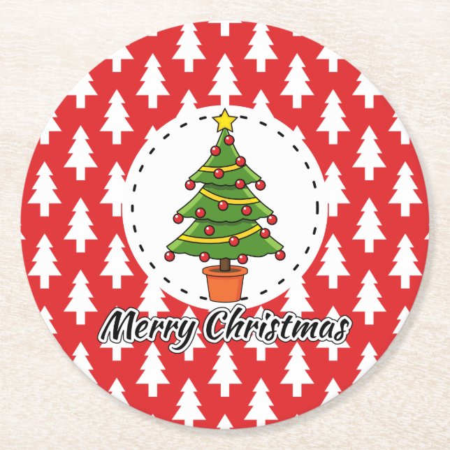 Weihnachtsbaum auf roten Pines Muster - Fröhliche  Runder Pappuntersetzer (Vorderseite)
