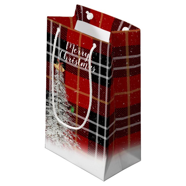 Weihnachtsbaum auf schottischem Tartan kariert Kleine Geschenktüte (Vorderseite Schrägansicht)