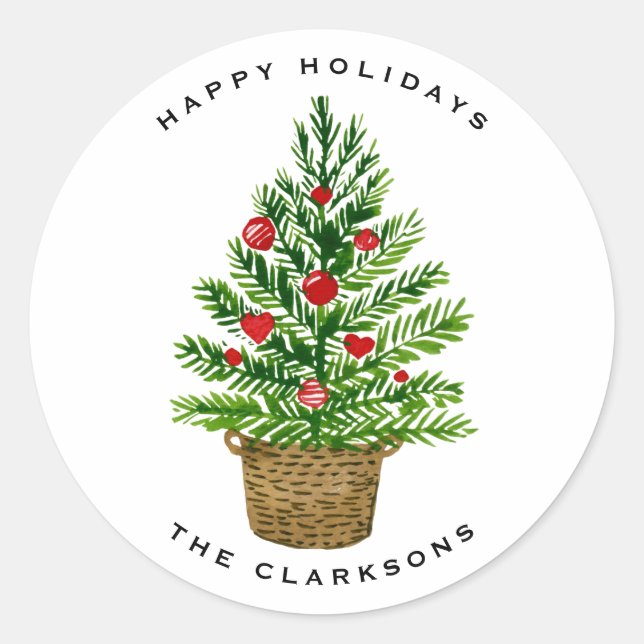 Weihnachtsbaum auf Wicker Basket Frohe Weihnachten Runder Aufkleber (Vorderseite)
