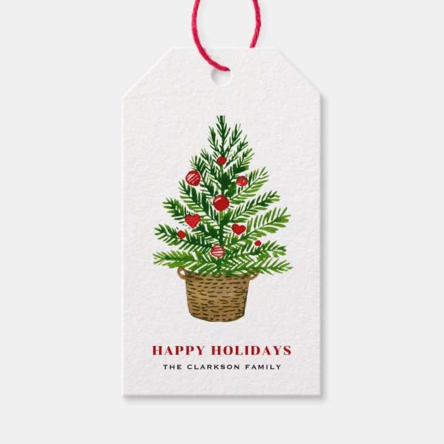 Weihnachtsbaum auf Wicker Basket Holiday Geschenkanhänger (Vorderseite)