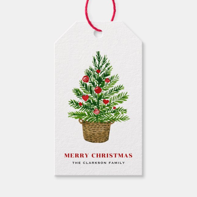 Weihnachtsbaum auf Wicker Basket Weihnachten Geschenkanhänger (Vorderseite)
