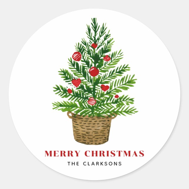 Weihnachtsbaum auf Wicker Basket Weihnachten Runder Aufkleber (Vorderseite)
