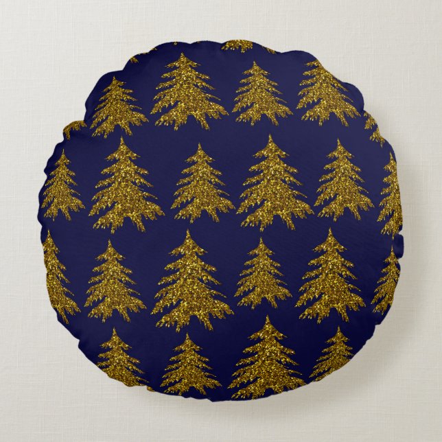 Weihnachtsbaum aus Gold Glitzer im blauen Hintergr Rundes Kissen (Vorderseite)
