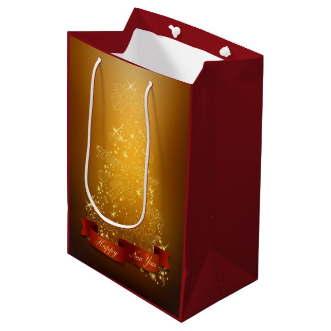 Weihnachtsbaum aus Gold mit Laternen und Bögen Mittlere Geschenktüte (Vorderseite Schrägansicht)