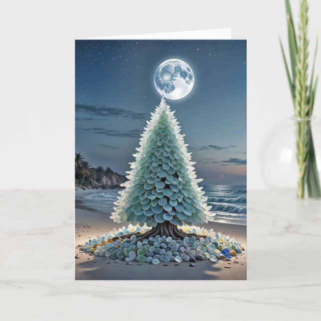 Weihnachtsbaum aus Meerglas am Strand Karte (Vorderseite)