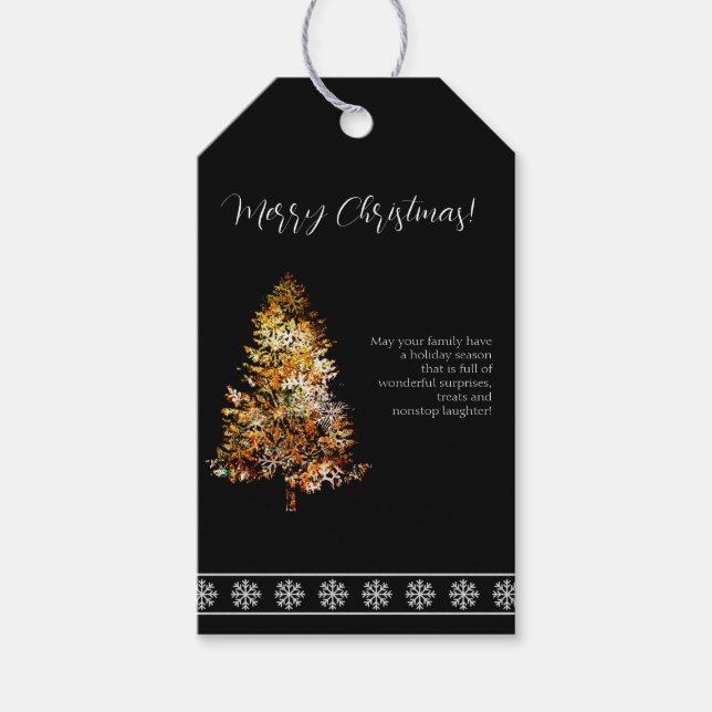 Weihnachtsbaum aus schwarzem Schneeflocken Geschenkanhänger (Vorderseite)