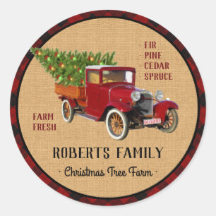 Weihnachtsbaum-Bauernhof-Vintager LKW-rotes Runder Aufkleber
