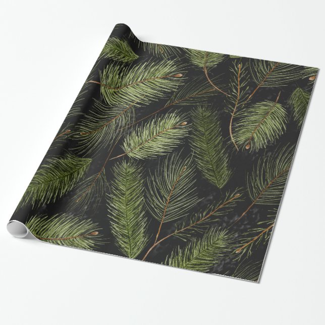 Weihnachtsbaum Blätter Black Christmas Geschenkpapier (Ungerollt)