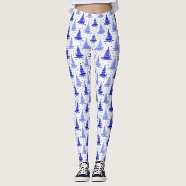 Weihnachtsbaum Blue Periwinkle Muster Design Leggings (Vorderseite)