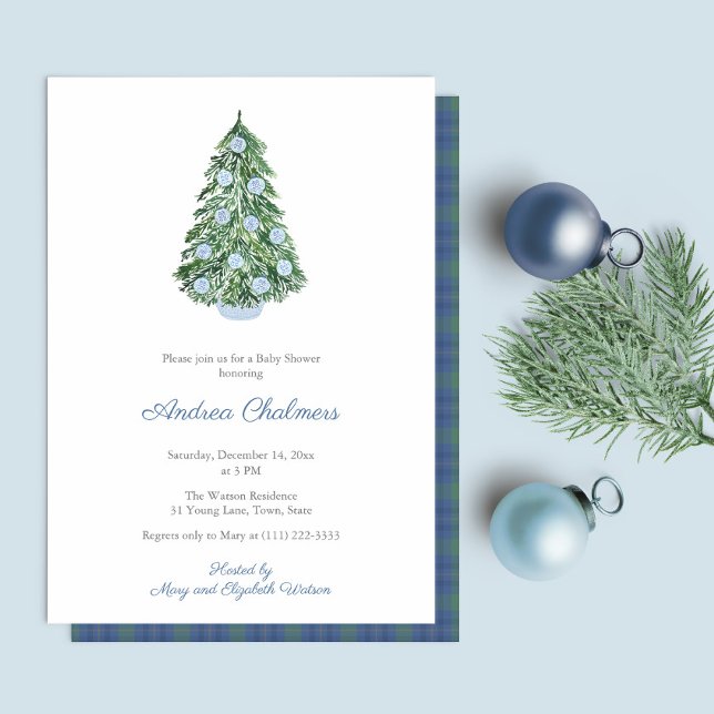 Weihnachtsbaum Boy Baby Shower Party Einladung (Elegant Watercolor blue and white decorated Christmas Holidays Tree Baby Shower Party Invitation)