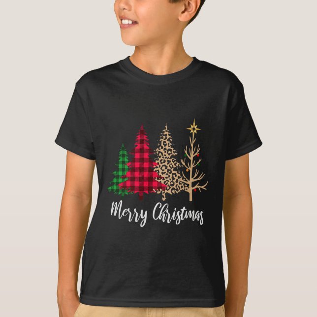 Weihnachtsbaum Büffel Kariert Rot Grün Leopard Xma T-Shirt (Vorderseite)