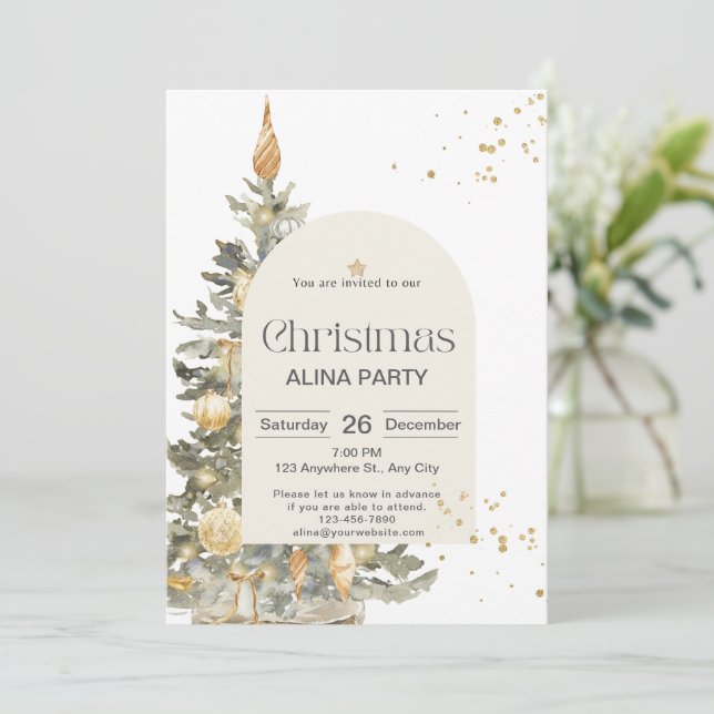 Weihnachtsbaum Classic Sparkle Green Gold Elegante Einladung (Stehend Vorderseite)