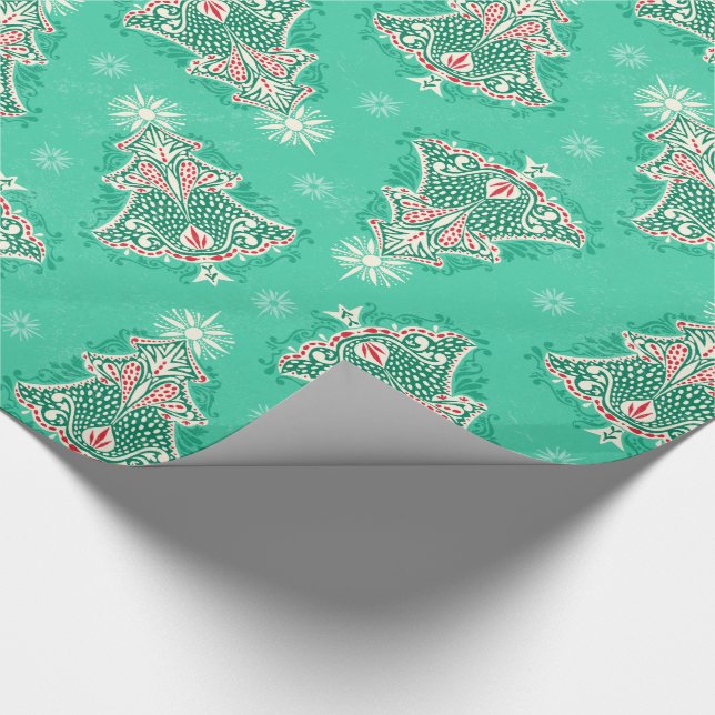 Weihnachtsbaum Damask auf Minzgrün Umschlagpapier Geschenkpapier (Ecke)