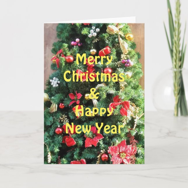 Weihnachtsbaum dekoriert feiertagskarte (Vorderseite)