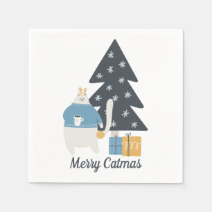 Weihnachtsbaum der weißen Katze Merry Catmas Serviette