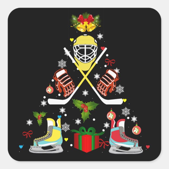 Weihnachtsbaum Eishockey Weihnachtsbaum Funny Xmas Quadratischer Aufkleber (Vorderseite)
