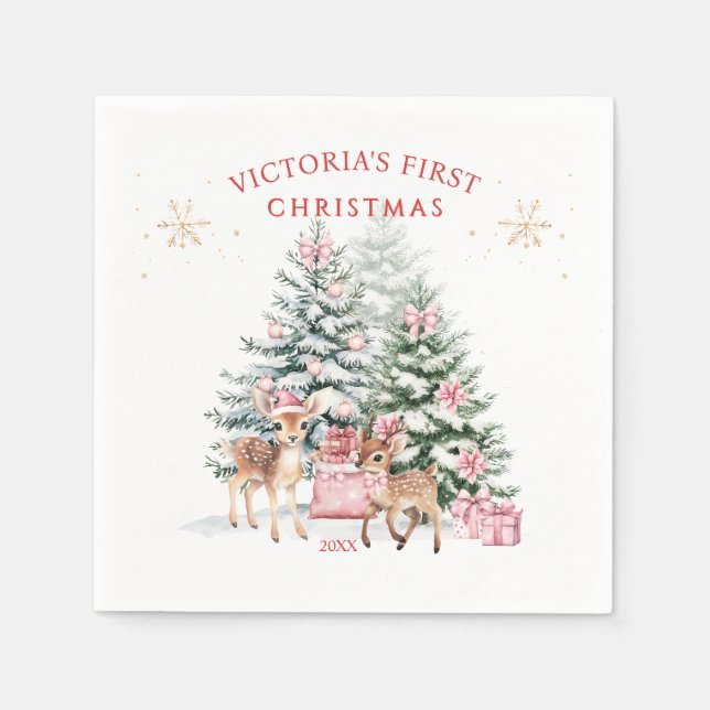Weihnachtsbaum Fawn Baby's First Christmas Serviette (Vorderseite)