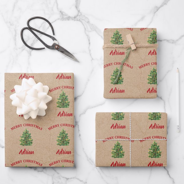Weihnachtsbaum Festlicher Individuelle Name Kraft Geschenkpapier Set (Vorderseite)