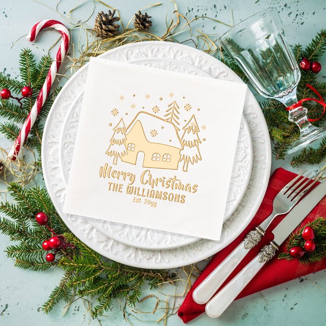 Weihnachtsbaum Frohe Weihnachtsfamilie Datum Servietten Mit Folie (Christmas Cottage and Trees "Merry Christmas" Family Name and Date Established Stamped Foil Napkins)