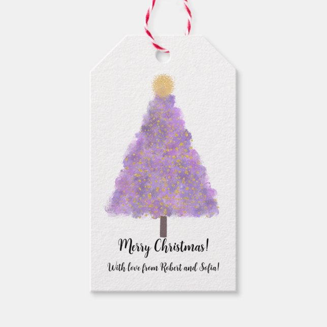 Weihnachtsbaum für lila Glitzer Geschenkanhänger (Vorderseite)