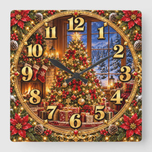 Weihnachtsbaum Gemütliche Ferienhütte Quadratische Wanduhr
