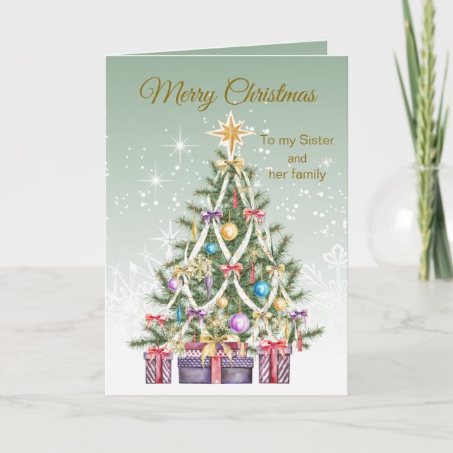 Weihnachtsbaum, Geschenke, Schwester und Familie Feiertagskarte (Vorderseite)