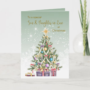 Weihnachtsbaum, Geschenke, Sohn und Schwiegertocht Feiertagskarte