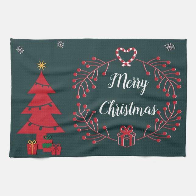 Weihnachtsbaum, Geschenke und Kranz Geschirrtuch (Horizontal)