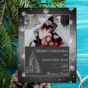 Weihnachtsbaum Glitter und Schneeflocken   Silber Feiertagskarte
