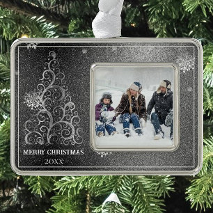 Weihnachtsbaum Glitter und Schneeflocken   Silber Rahmen-Ornament Silber