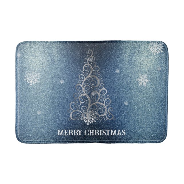 Weihnachtsbaum Glitzer und Schneeflocken | Blau Badematte (Vorderseite)