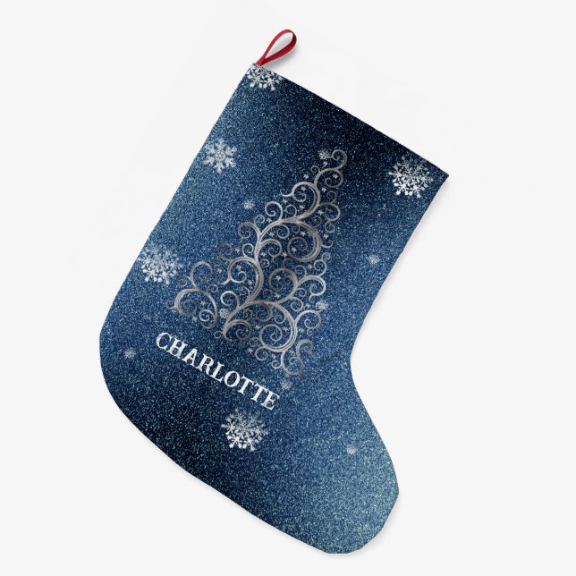 Weihnachtsbaum Glitzer und Schneeflocken | Blau Großer Weihnachtsstrumpf (Vorderansicht (hängend))